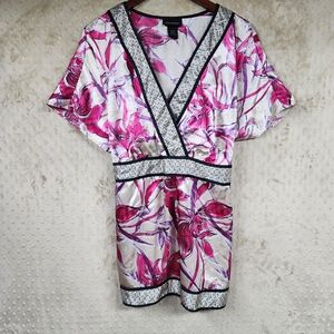 Lane Bryant Pink and Black Floral Kimono-Style Tunic Blouse with Tie Size 18/20